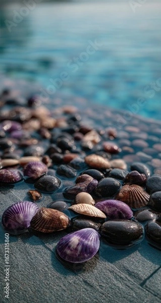 Fototapeta Seashells and pebbles by a pool