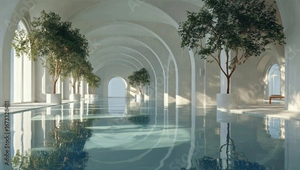 Fototapeta Tranquil indoor pool area with arched walkways and trees