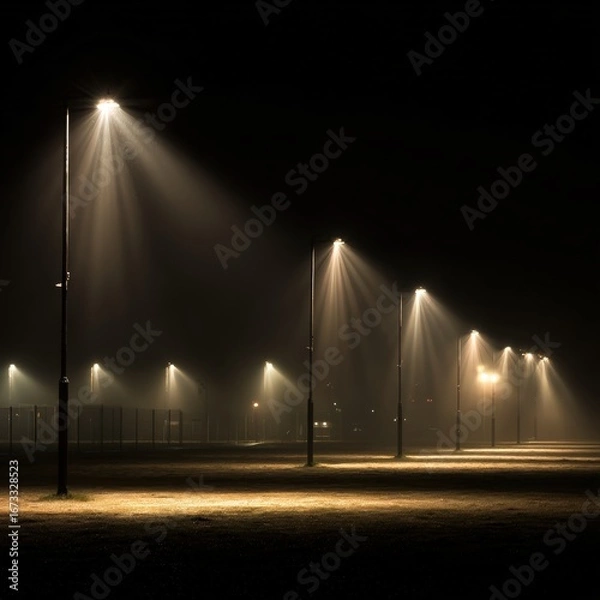 Fototapeta Foggy night, illuminated lampposts