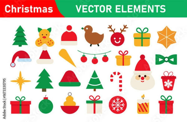 Fototapeta Christmas Vector Elements Set with Trees Gifts Santa and Other Holiday Items