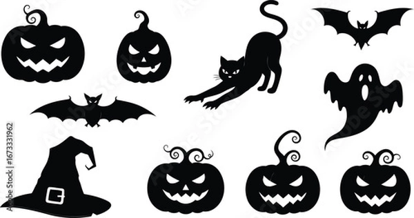 Fototapeta Spooky Halloween silhouettes of pumpkins, bats, cat, ghost and witch hat, perfect for seasonal designs and fun projects