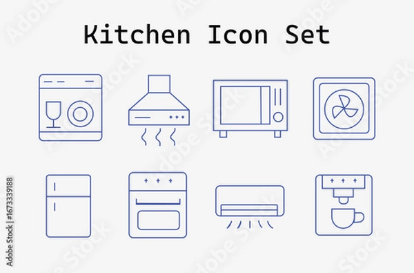 Obraz Blue Line Art Kitchen Appliance Icons Representing Essential Home Equipment for Cooking and Cleaning Tasks