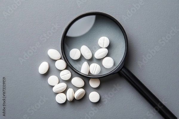 Obraz White pills magnified by a magnifying glass