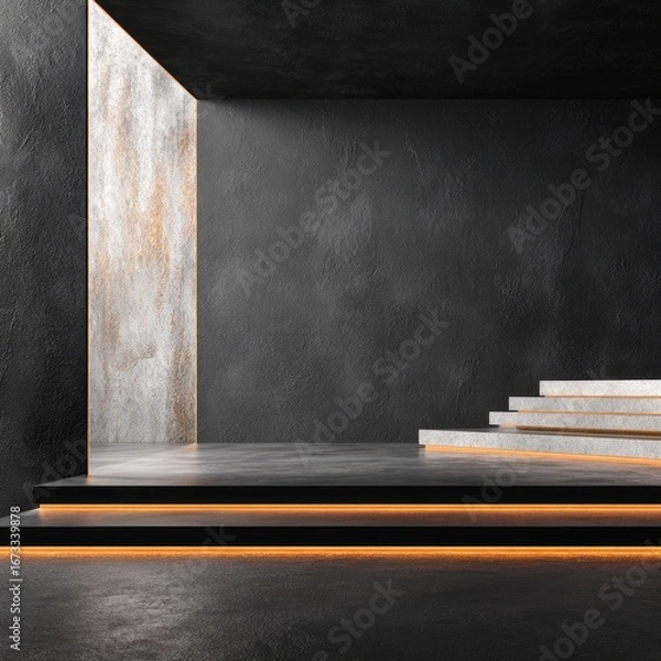 Obraz Dark, modern interior with concrete steps and accent lighting