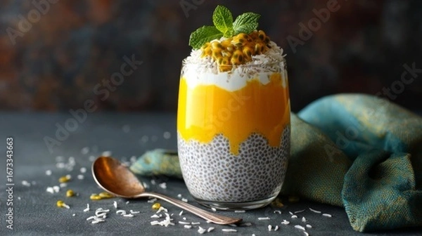 Fototapeta Chia pudding parfait layered with mango puree and coconut, topped with fresh passion fruit and mint, representing a healthy, tropical, and vibrant dessert or breakfast