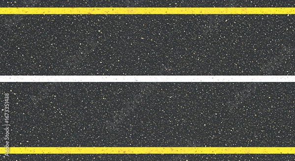 Fototapeta Close up aerial view of a textured asphalt road surface with bright yellow and white lane dividing lines creating a graphic pattern