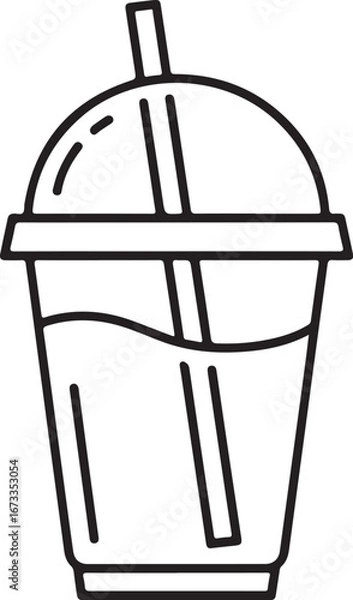 Fototapeta Simple outline drawing of a cold drink in a plastic cup with a straw