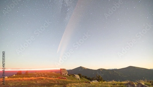 Fototapeta Long red light trail leaving a comet-like tail, motion blurred to one side, backlit