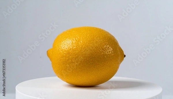 Fototapeta Minimal citrus product shot — a single dewy lemon centered on a matte off-white plinth; seamless pale background fading to light gray, long soft shadow; shallow depth of field; ample right-side copy s