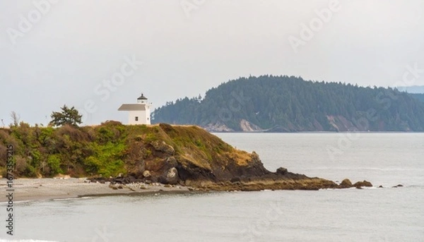 Fototapeta Minimal coastal scene — a small white lighthouse sharply rendered on a distant headland; expansive calm sea-to-sky gradient providing 60–70% copy space; cool airy palette, gentle vignetting; 135 mm on