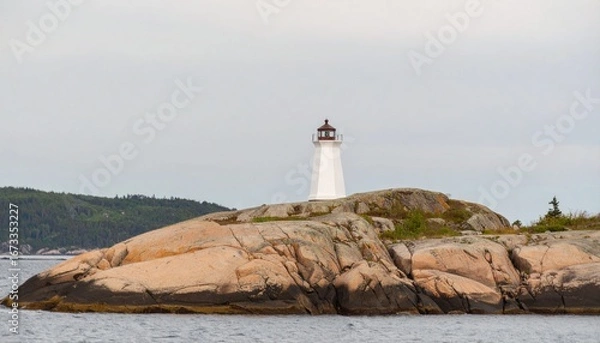 Fototapeta Minimal coastal scene — a small white lighthouse sharply rendered on a distant headland; expansive calm sea-to-sky gradient providing 60–70% copy space; cool airy palette, gentle vignetting; 135 mm on