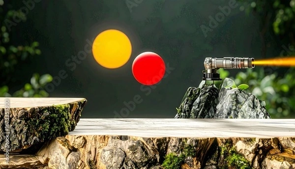Fototapeta Minimalist single red dot emitting a focused laser beam forward, leaving 70% of the frame blank and clean for graphic additions.