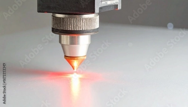 Fototapeta Pulsing red laser moving vertically, emitting faint heat shimmer, with dark blurred backdrop and spacious right-side area for graphics.