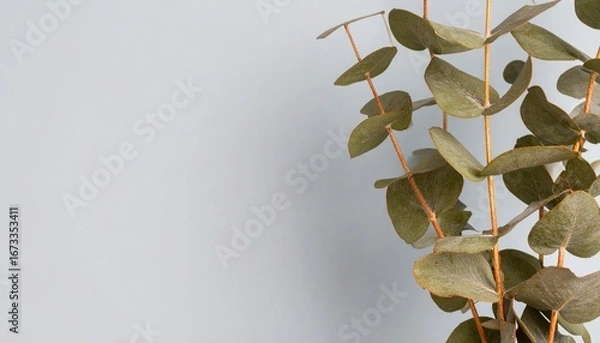 Fototapeta Quiet botanical — a delicate eucalyptus sprig with sharp leaf veins against a powder-blue gradient; background softly blurred; generous left-side copy space; airy natural window light, minimal color p