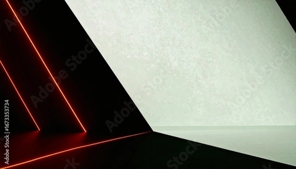 Fototapeta A curved red laser beam arcs elegantly from the bottom left to the top right, creating a slight reflection and glow. The beam is centered in the frame, with a black-to-transparent gradient background 