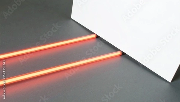 Fototapeta A curved red laser beam arcs elegantly from the bottom left to the top right, creating a slight reflection and glow. The beam is centered in the frame, with a black-to-transparent gradient background 