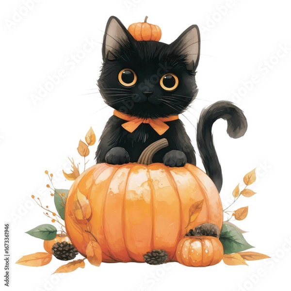 Obraz Playful black cat with pumpkins autumn vibes digital illustration whimsical environment cheerful viewpoint