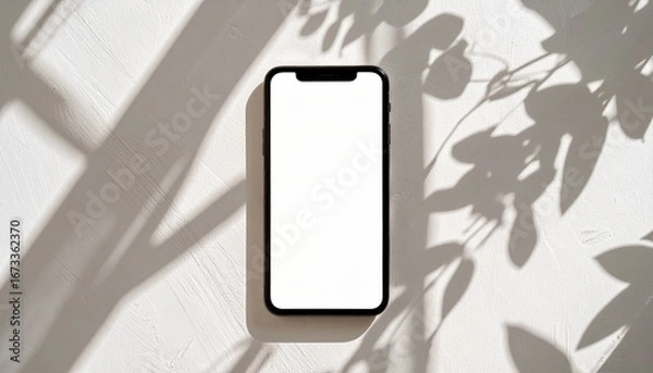 Fototapeta Mobile phone mockup with a blank white screen on a wooden table with aesthetic plant shadow overlay