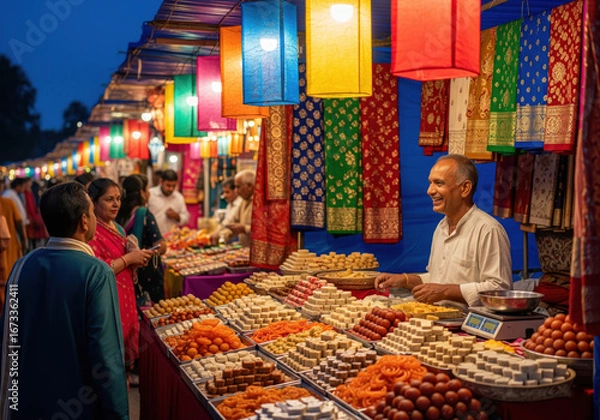 Obraz A vibrant Indian marketplace at night is filled with colorful lanterns, traditional textiles, and an array of sweets, as people shop and interact with vendors during a festival