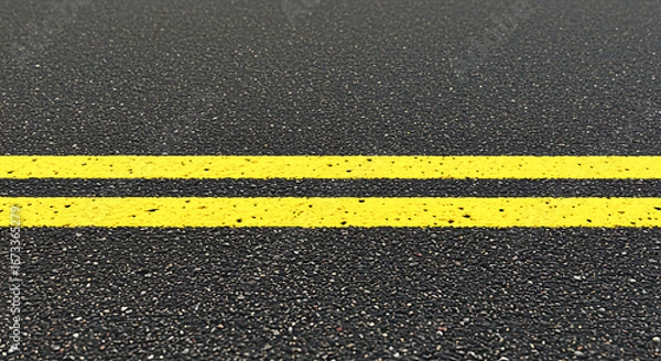 Fototapeta Close up view of a textured asphalt road surface with two bright yellow parallel lane divider lines indicating traffic direction and safety