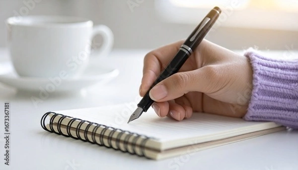 Fototapeta Writing Process A Close-Up of a Hand with a Fountain Pen in the Act of Writing on a Notebook