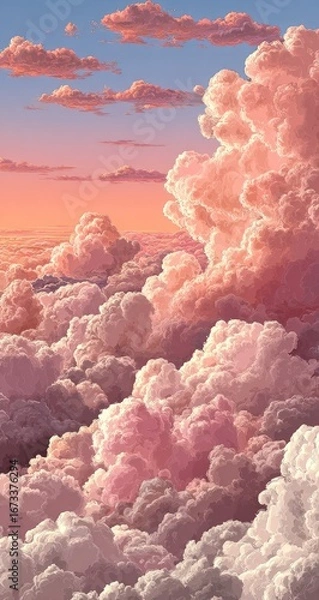 Fototapeta Pink and peach cloudscape at sunset, viewed from above