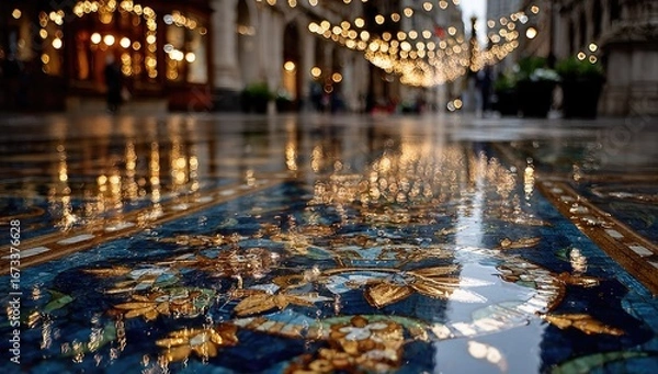 Fototapeta Wet, ornate tile reflects city lights at night