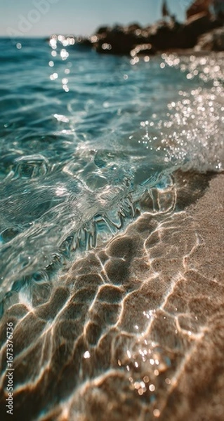 Fototapeta Crystal clear shallow ocean water washes ashore on a sunny day