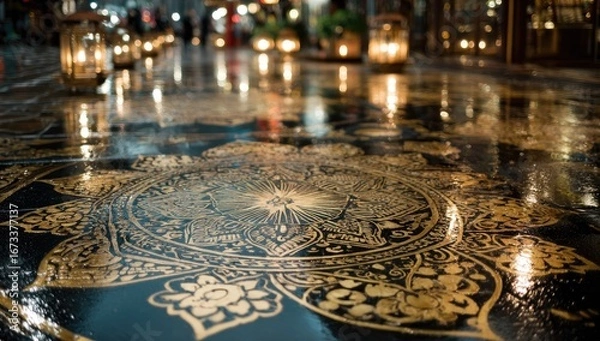 Fototapeta Wet, ornate table with gold detailing, reflecting lights