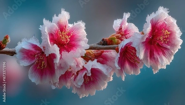 Fototapeta Delicate pink blossoms on a branch, soft focus background