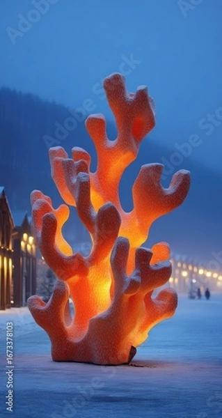 Fototapeta Illuminated coral-like sculpture in snowy landscape at dusk