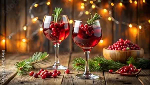 Fototapeta Festive Cranberry Cocktails with Rosemary on a Rustic Wooden Table