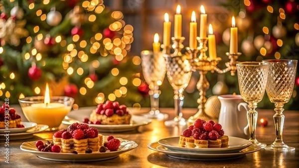 Obraz Elegant Christmas Table Setting with Berry Tarts Candles and Champagne Glasses
