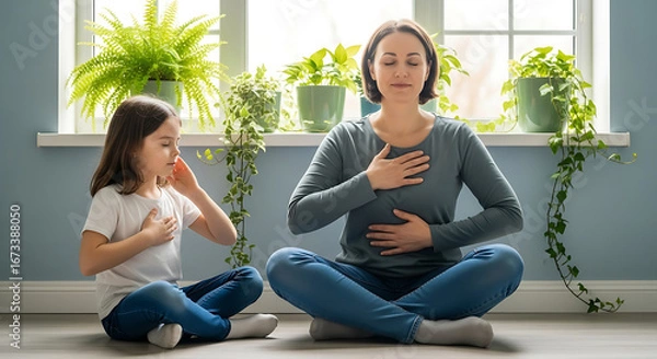 Fototapeta A mother and daughter are meditating together, practicing deep breathing exercises with their hands on their chests and stomachs.