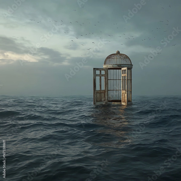 Obraz Open cage in the ocean under cloudy sky
