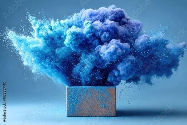 Fototapeta Blue powder explodes from a box against a blue background