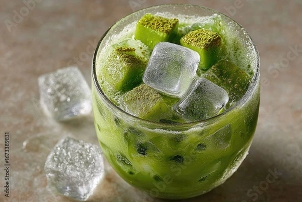 Fototapeta Iced matcha latte with ice cubes in a glass
