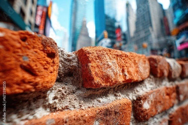 Fototapeta Close-up of a weathered brick wall against a blurred city backdrop