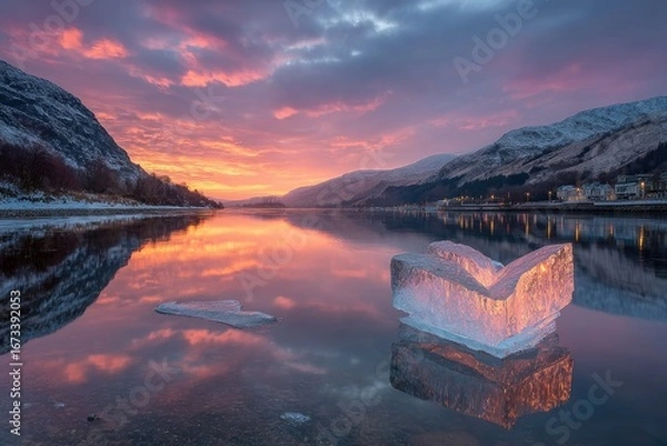 Fototapeta Serene sunrise over a calm loch, with a unique ice formation reflecting the vibrant sky