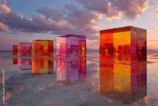 Fototapeta Colorful glass cubes reflect in a calm, sunset-lit expanse of water