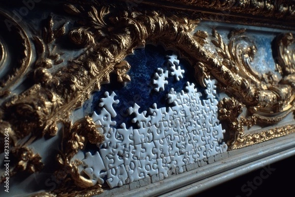 Fototapeta Intricate gold frame cradles incomplete jigsaw puzzle