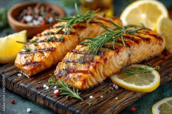 Fototapeta Grilled salmon fillets on wooden board with lemon and herbs