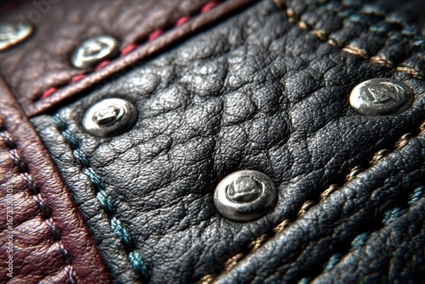 Fototapeta Close-up of textured leather patchwork with metallic accents and stitching