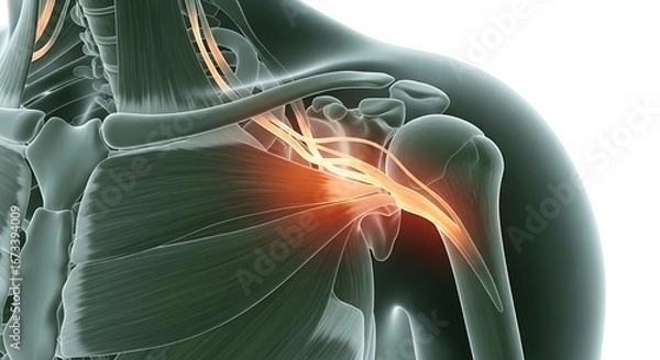 Fototapeta Medical Illustration of Shoulder Pain - Anatomical Render with Highlighted Inflammation.
