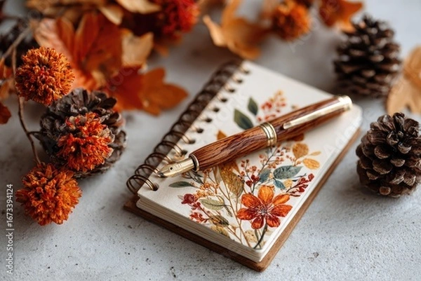 Fototapeta Autumnal still life with a fountain pen resting on a floral notebook