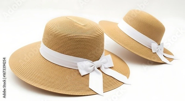 Fototapeta Two stylish straw hats with wide brims and white ribbons, one adorned with a large bow.