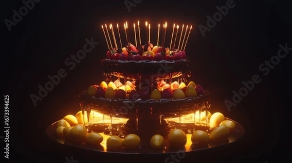 Obraz Three-tiered chocolate cake with berries, lemons, and candles in dark setting