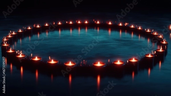 Obraz Dark teal surface circled by burning candles