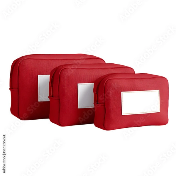 Fototapeta Organizing essentials red cosmetic bags home product showcase bright environment close-up view practical storage