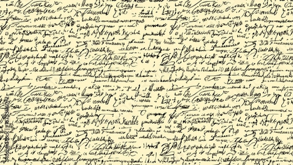 Fototapeta Seamless blue pattern of abstract illegible handwritten text. Vintage grunge calligraphy script, old book document. Vector illustration of monochrome unreadable handwriting cursive poetry